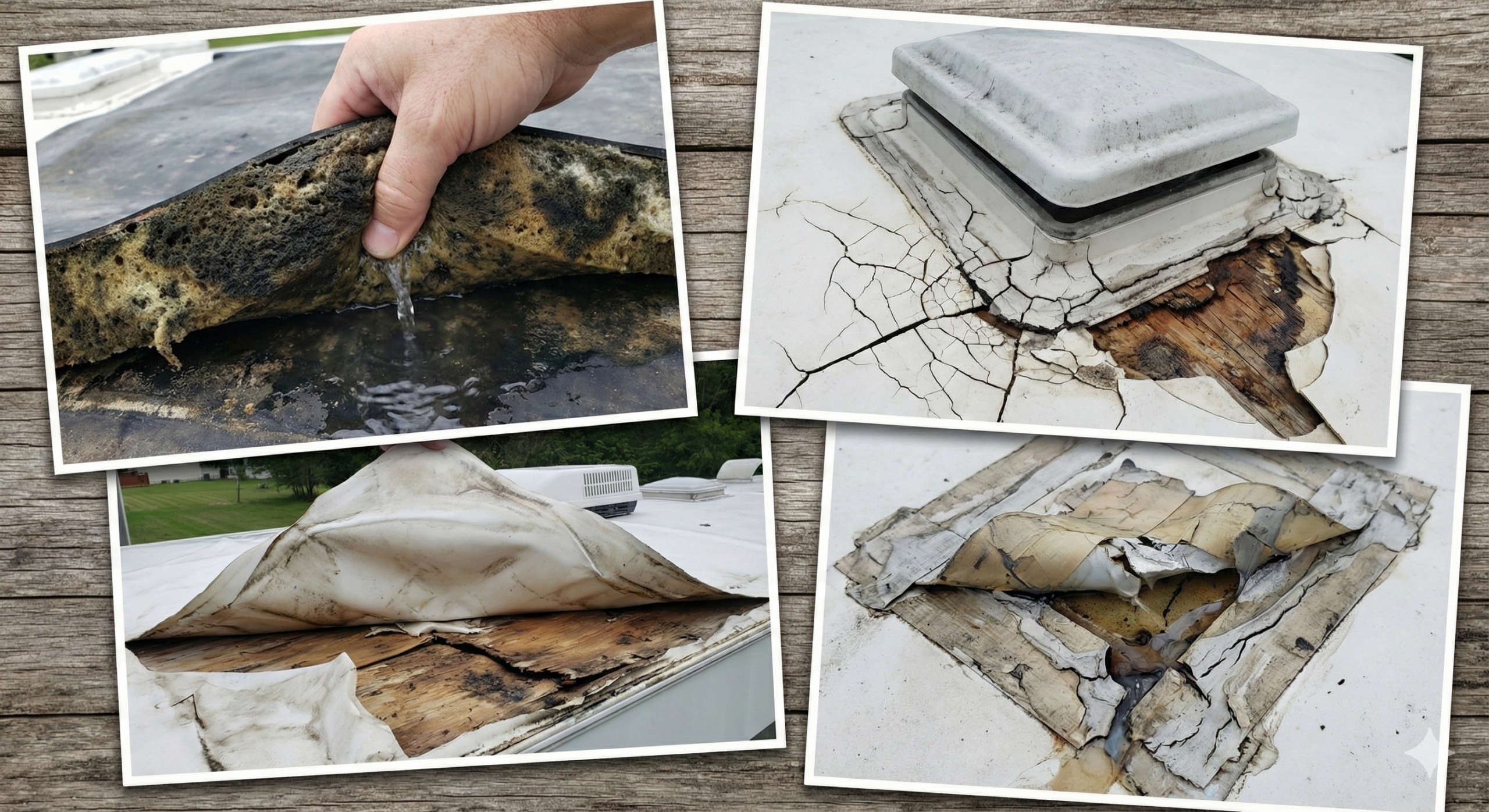 Collaged close-up photos showing extreme RV roof failure, including rotted wood decking, cracked sealant, and water-soaked membrane, requiring major professional RV roof repair.