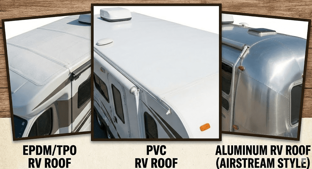 identify-rv-roof-material-repair-guide Collage showing close-up textures of different RV roof materials including EPDM, TPO, PVC, and Aluminum, which determines the correct type of RV roof repair needed.