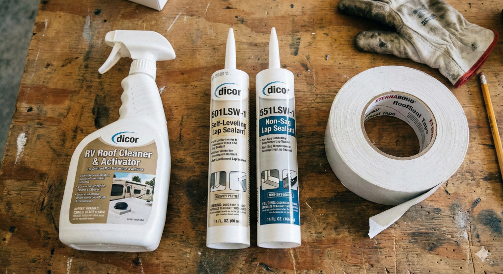 rv-roof-repair-sealants-cleaner-tape Supplies laid out for RV roof repair, including Dicor self-leveling sealant, non-sag caulk, roof cleaner, and Eternabond repair tape.
