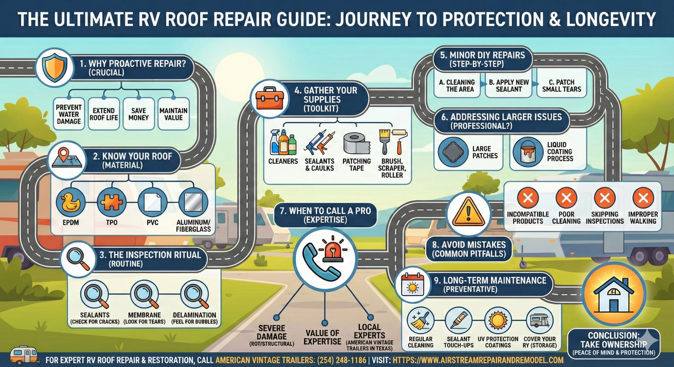 ultimate-rv-roof-repair-guide-infographic Comprehensive infographic illustrating the steps, materials, mistakes, and final conclusion of the RV roof repair guide.